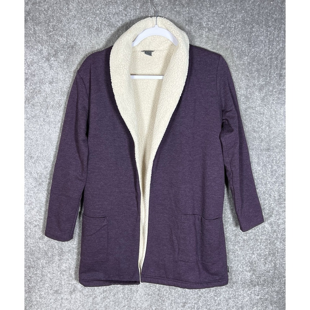 Eddie Bauer Cardigan Womens XS Purple Sherpa Lined Open Front Pockets Collared